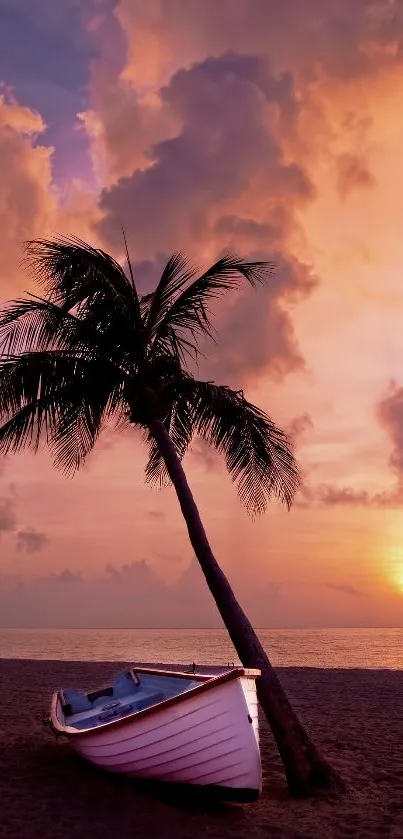 Mobile wallpaper of a palm tree against a vibrant tropical sunset on the beach.