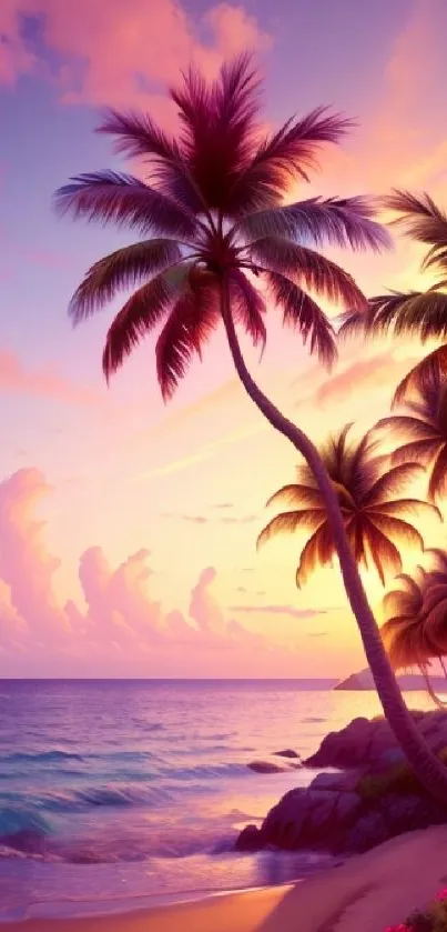 Tropical sunset with palm trees on the beach, vibrant pink and orange hues.