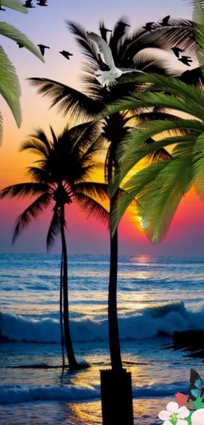 Tropical sunset with palm trees, ocean, and birds flying.