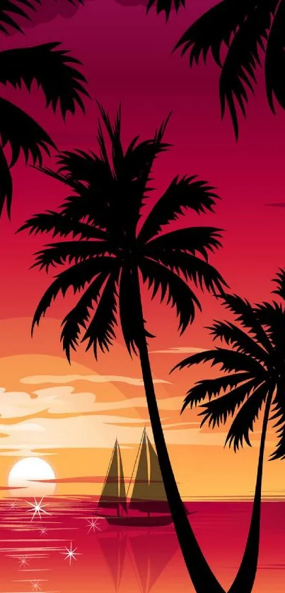 Vibrant tropical sunset with palm trees silhouetted against the ocean.