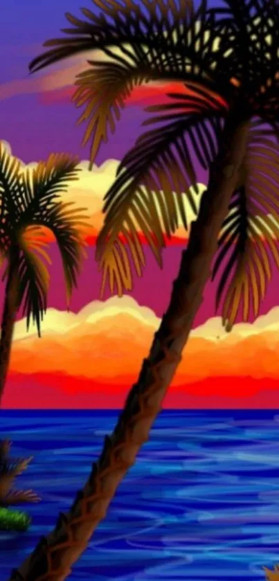 Tropical sunset with palm trees against a vibrant sky.