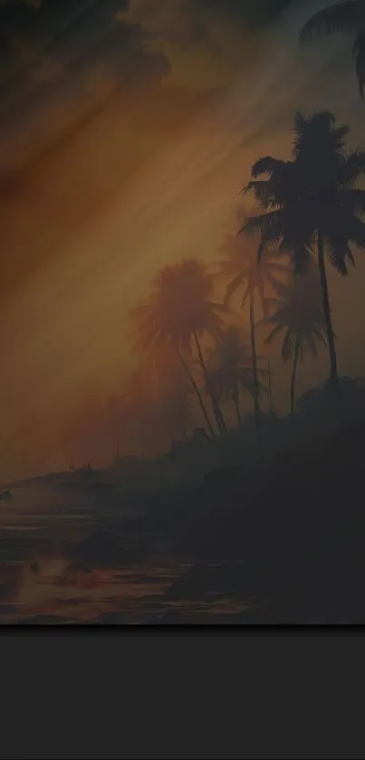 Tropical sunset with silhouetted palm trees on a serene beach.