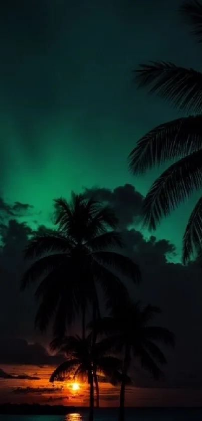 Silhouetted palm trees with tropical sunset.