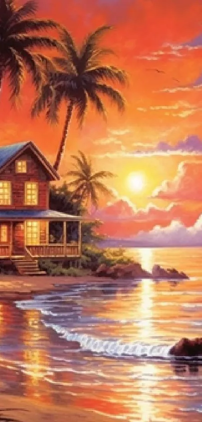 Scenic tropical sunset with beach house and palm trees.