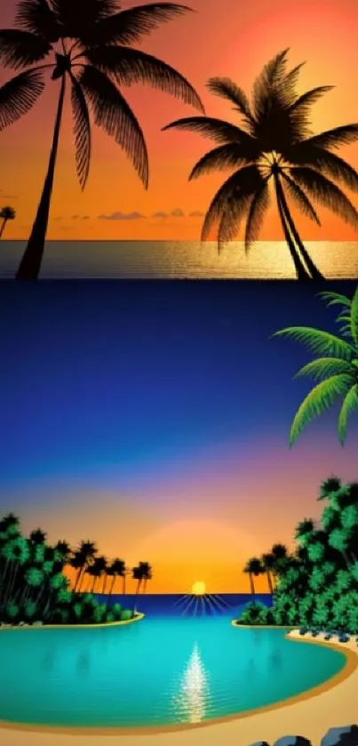 Tropical sunset with palm trees over a serene beach and ocean.