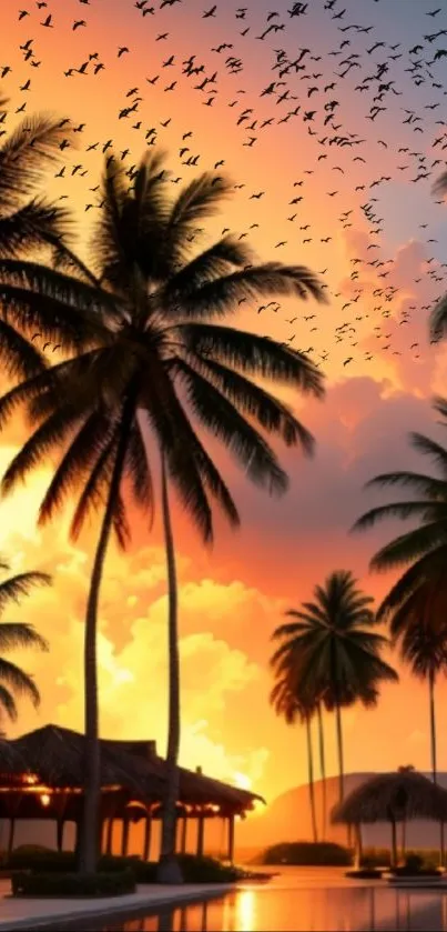 Tropical sunset with palm trees silhouetted against an orange sky.