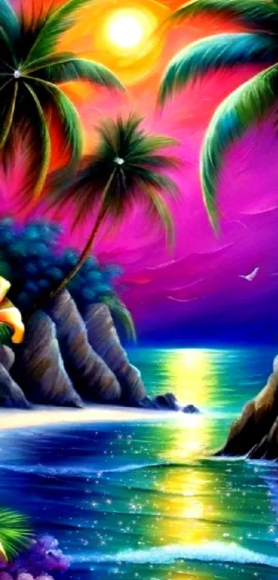 Vibrant tropical sunset wallpaper with palm trees, beach, and colorful ocean reflection.