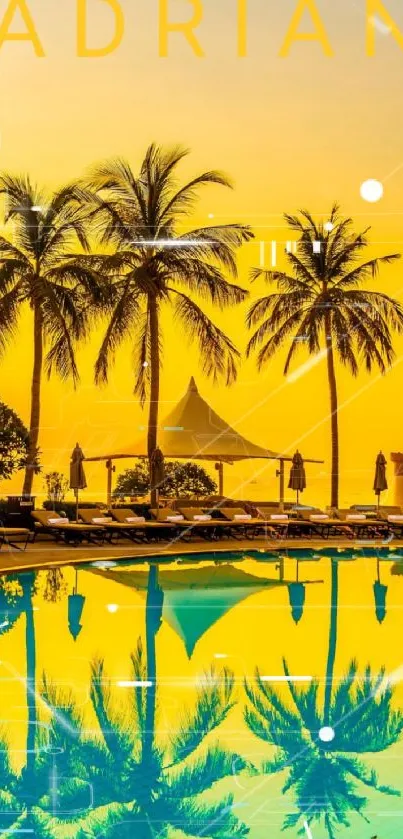 Tropical sunset with palm trees and a reflected pool.