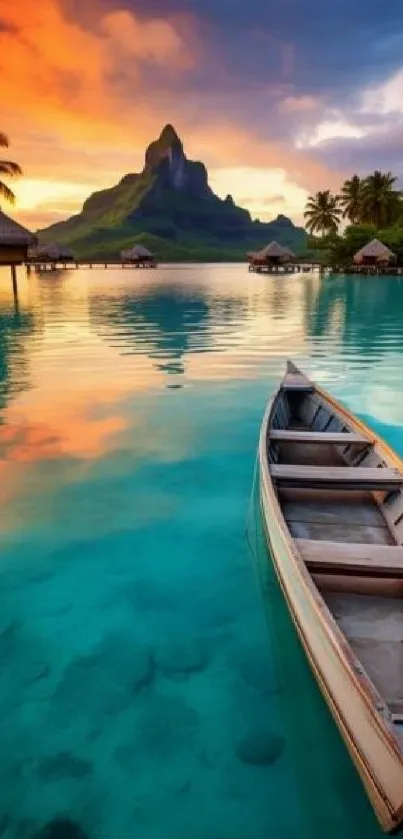 Mobile wallpaper of a tranquil tropical sunset with a lone boat on clear waters.
