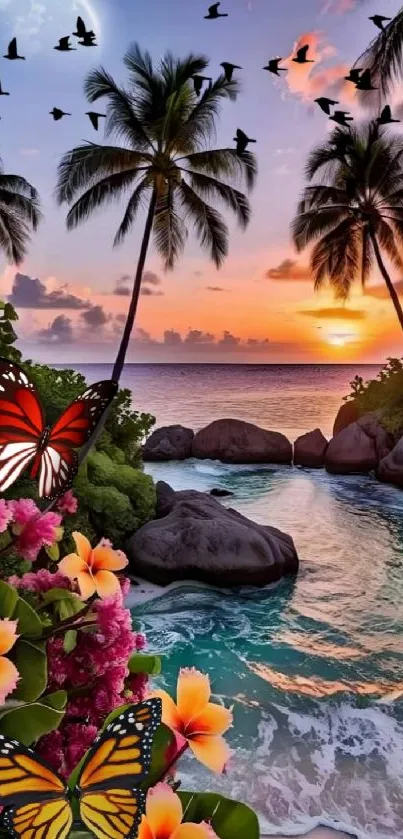 Tropical beach with sunset, palm trees, and butterflies in a colorful landscape.