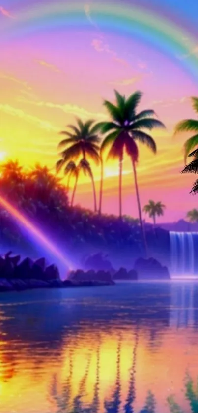 Vibrant tropical sunset with palm trees and waterfall reflecting on water.