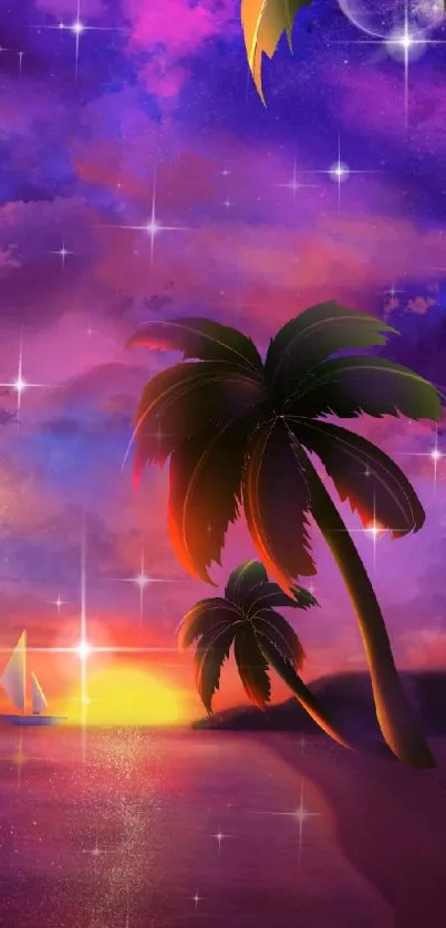 Vibrant tropical sunset with palm trees and sailboat under a starry sky.