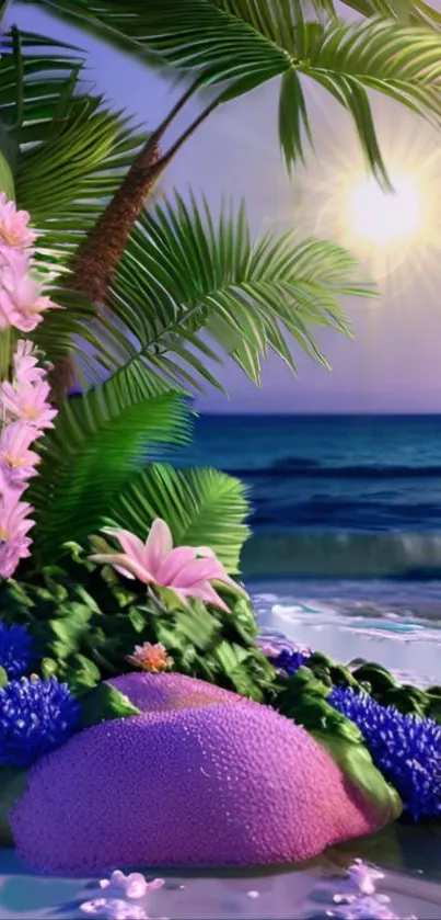 Tropical beach with flowers and sunset over the ocean.
