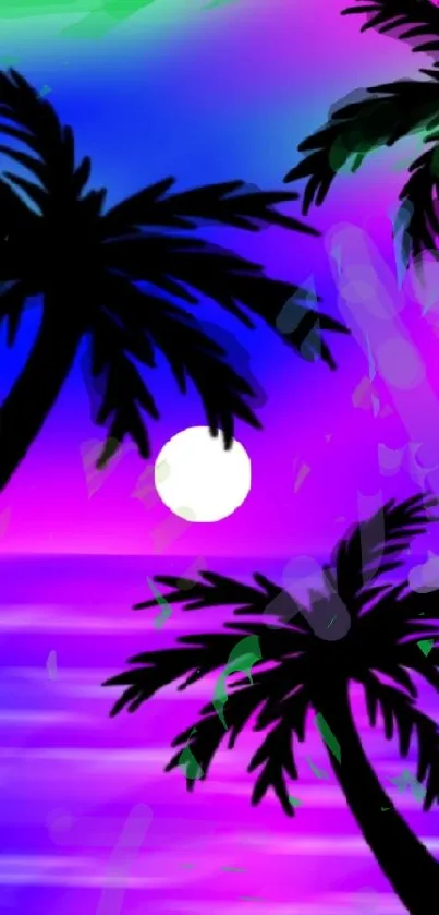Tropical sunset with palm silhouettes on vibrant purple sky.