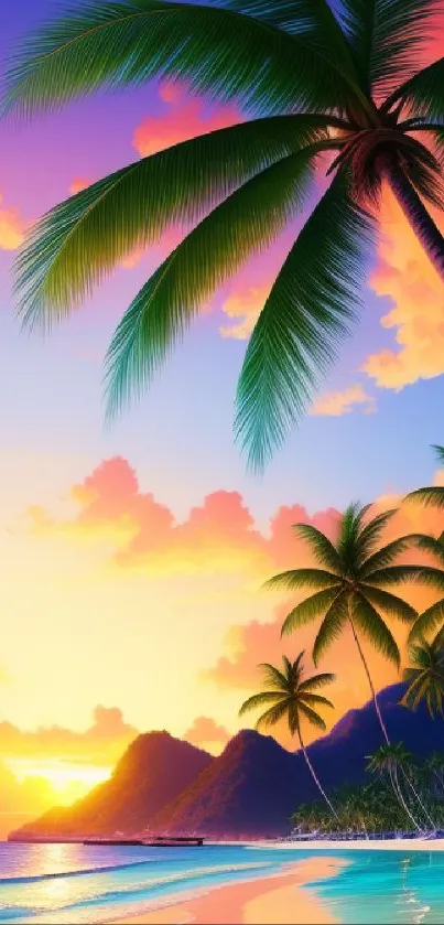 Tropical sunset with palm trees and colorful sky over beach.