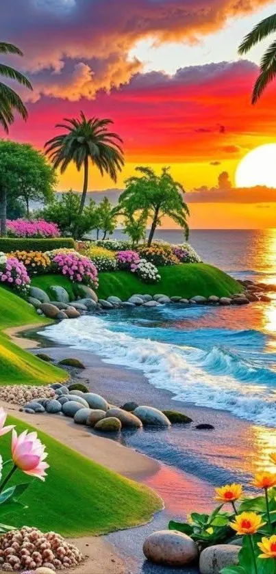 Tropical sunset with palm trees and ocean waves in vibrant colors