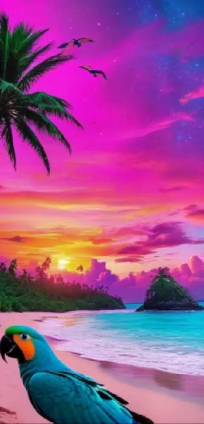 Colorful tropical sunset with parrot on beach.