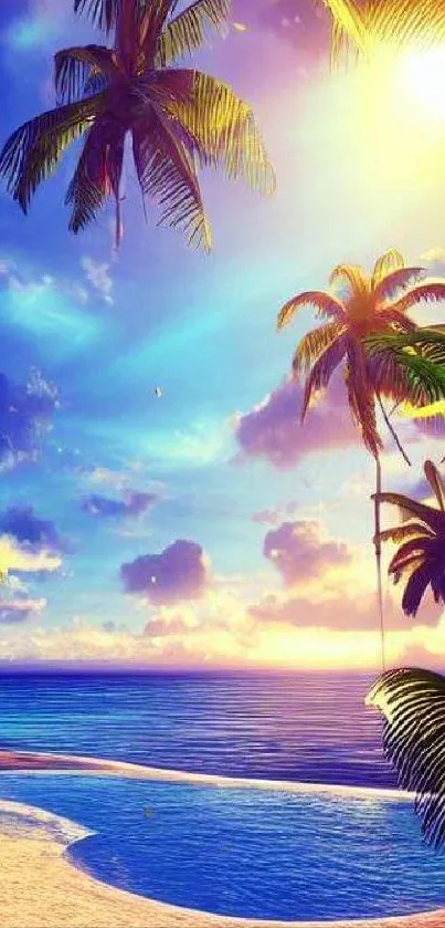 Tropical sunset with palm trees and ocean view wallpaper.