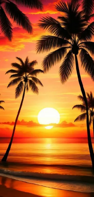 Tropical sunset with palm trees silhouetted against an orange sky over the ocean.