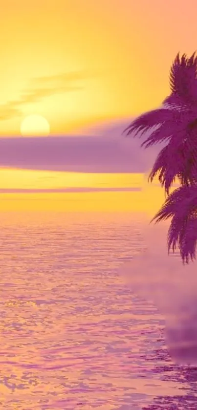 Tropical sunset with purple palms and ocean horizon.