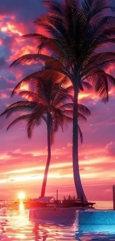 Tropical sunset with palm trees silhouetted against a vibrant sky over the ocean.