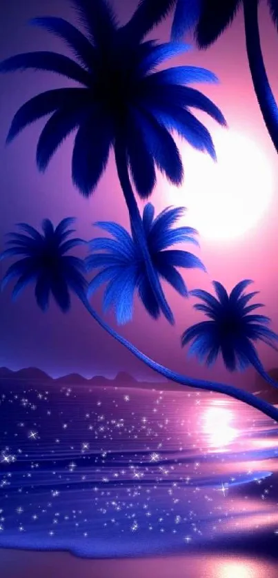 Tropical sunset with palm trees and vibrant colors on a beach.