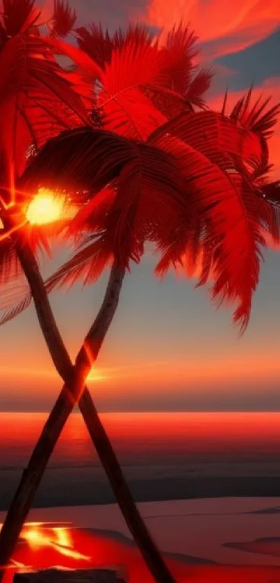 Red palm trees in sunset on a serene beach.