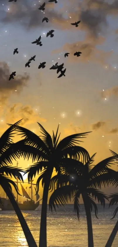 Tropical sunset with palm trees and birds in silhouette against a twilight sky.