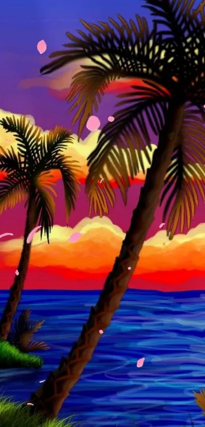 Tropical sunset with silhouettes of palm trees over a vibrant ocean view.