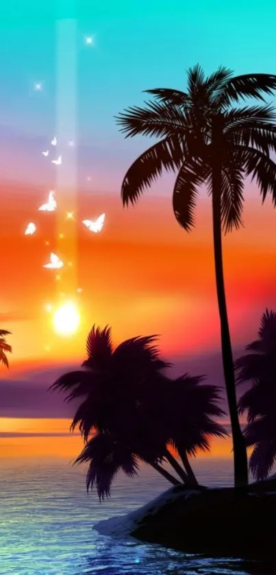 Tropical sunset with palm trees and vibrant sky.