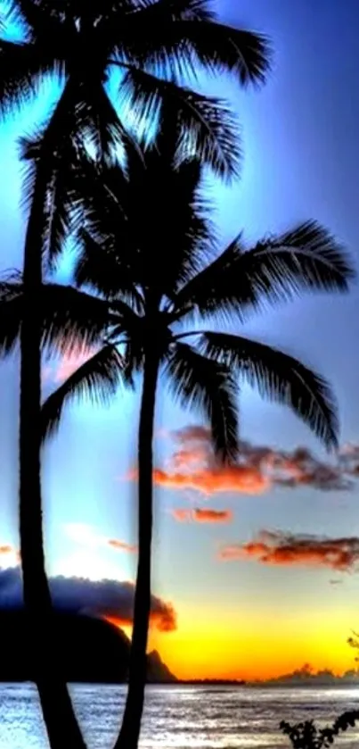 Tropical sunset with palm tree silhouettes against a colorful sky.