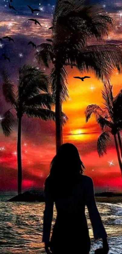 Silhouette by tropical sunset with palm trees and colorful sky.