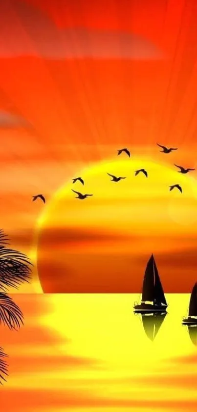 Tropical sunset with sailboats and birds on an orange-hued ocean.