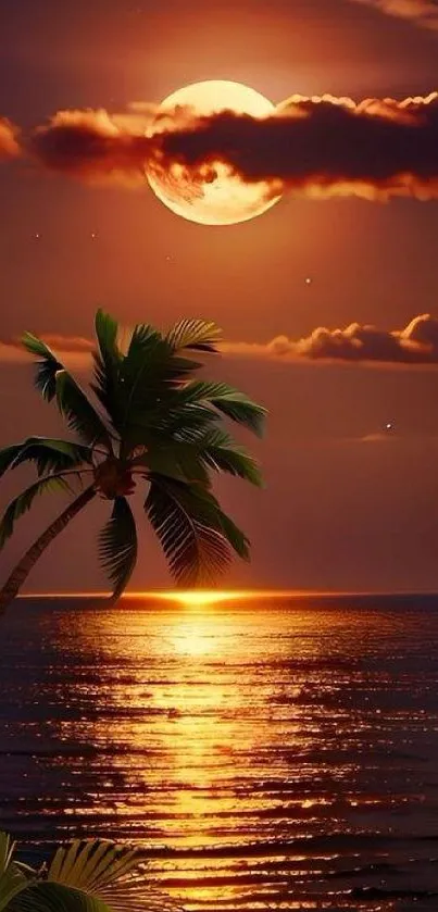 Tropical sunset with palm tree and ocean reflection.