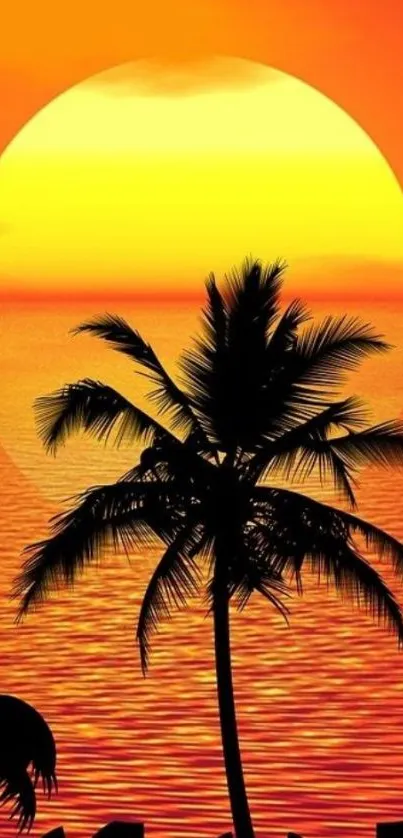 Tropical sunset with palm trees and vibrant orange ocean.