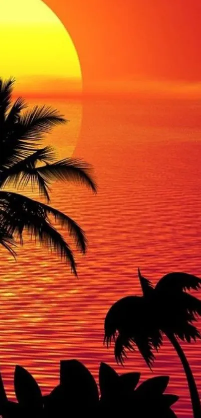 Tropical sunset wallpaper with palm silhouettes.