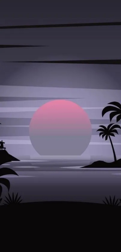 Purple tropical sunset with palm trees and a pink sun on the horizon.