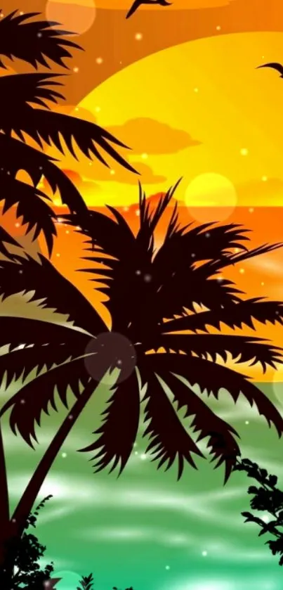 Tropical sunset mobile wallpaper with palm trees and vibrant colors.