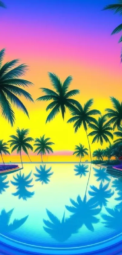 Vibrant tropical sunset with palm trees reflecting on a calm water surface.