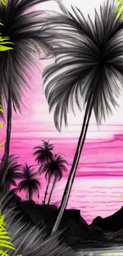 Vibrant tropical sunset with palms and pink sky wallpaper.