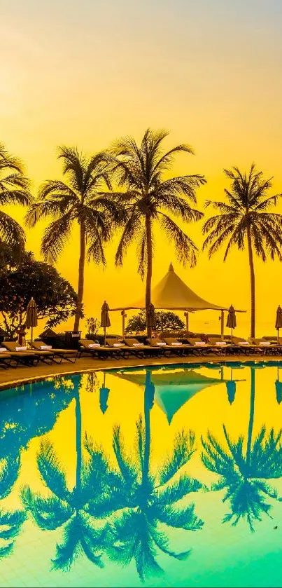 Tropical sunset with palm trees reflecting in a pool, under a vibrant yellow sky.