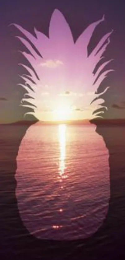 Sunset over ocean with pineapple silhouette overlay.