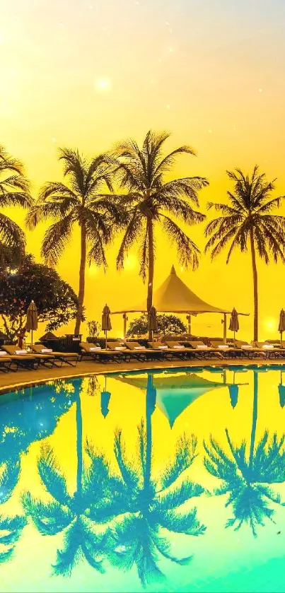 Tropical sunset reflecting in a pool with palm trees and vibrant yellow sky.