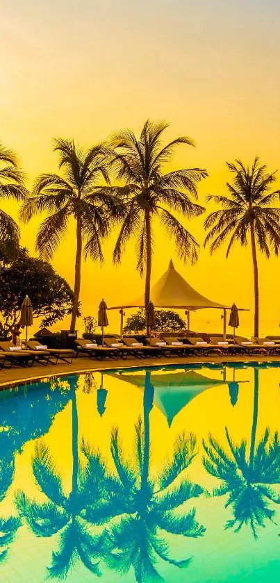 Tropical sunset with palm trees reflecting in a serene pool.