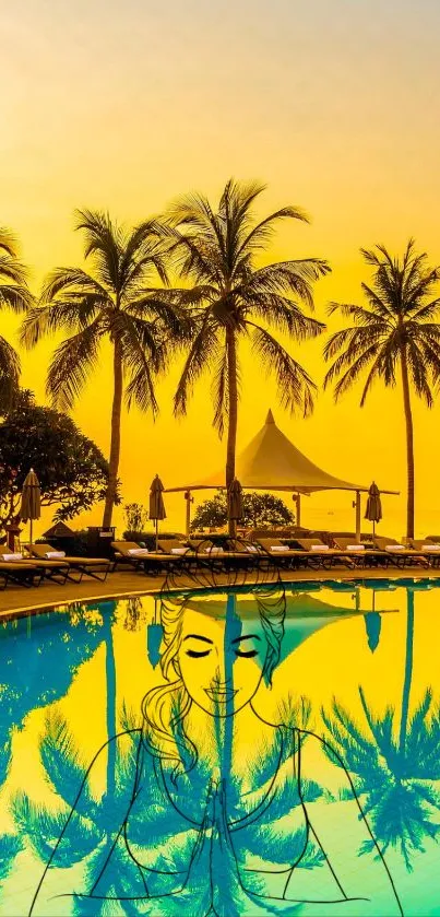 Tropical sunset with palm tree reflections by the pool in artistic style.