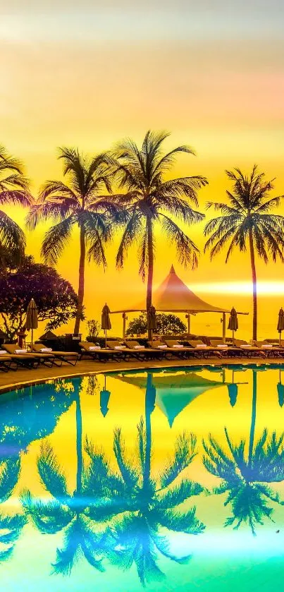 Tropical sunset with palm trees reflected in a pool, featuring vibrant yellow hues.