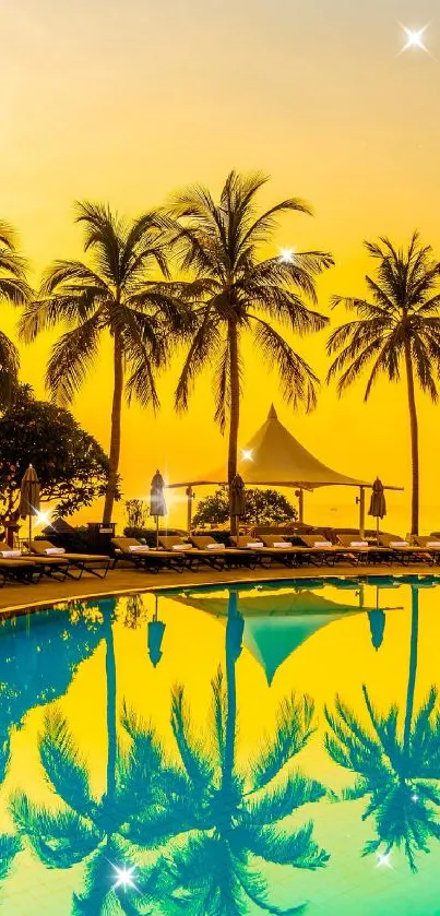 Tropical sunset with palm trees reflected in a tranquil swimming pool.