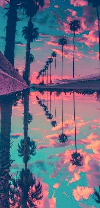 Colorful tropical sunset with palm trees reflecting on water.