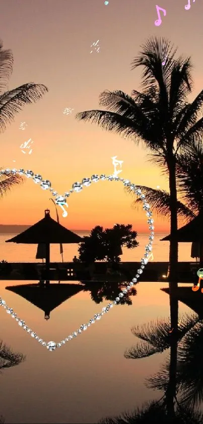 Tropical sunset with palm silhouettes reflecting in water.