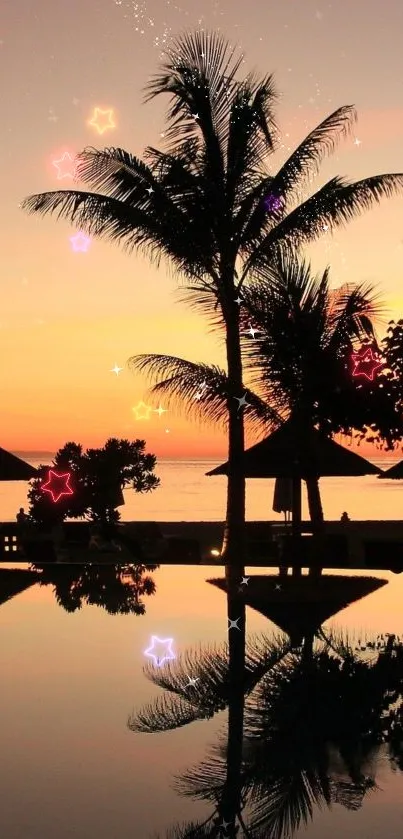 Tropical sunset with palm tree reflections over calm water.